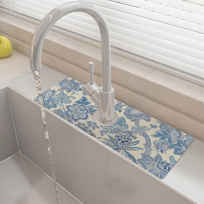 15" X 5.5" Kitchen Sink Splash Guard Faucet Mat Floral Super Absorbent Fast