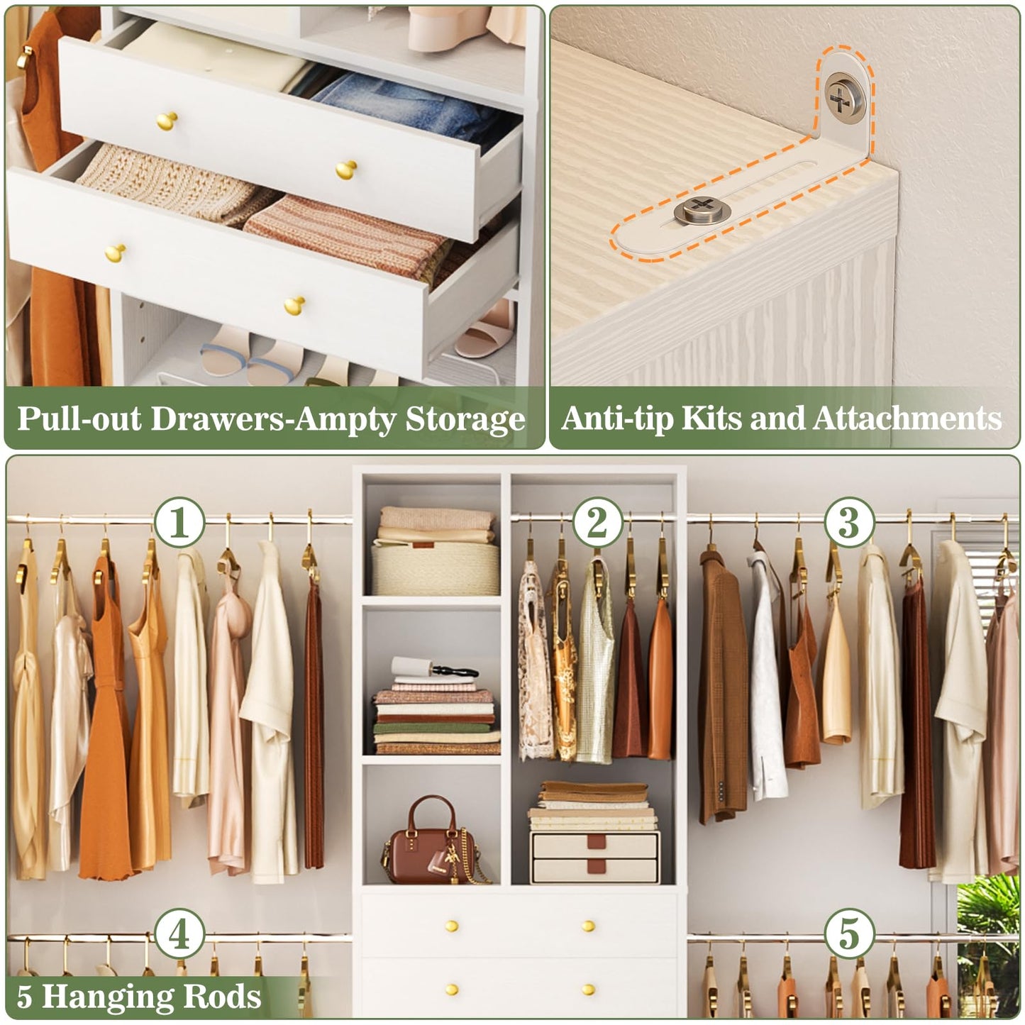 Besiost Closet System, 4.2–8.8 FT Closet Organizer with 2 Wooden Drawers and Shelves, Walk-in Closet System with 5 Hang Rods, Built-in Reach in Closet Tower, Can Fit 60 to 96 inch, White