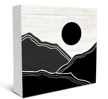 SRADMO Abstract Black and White Boho Sun Mountains Wood Box Sign Desk Decor, Bohemian Nature Landscape Wooden Block Box Sign Decoration for Home Office Shelf Table Decorative Accessories