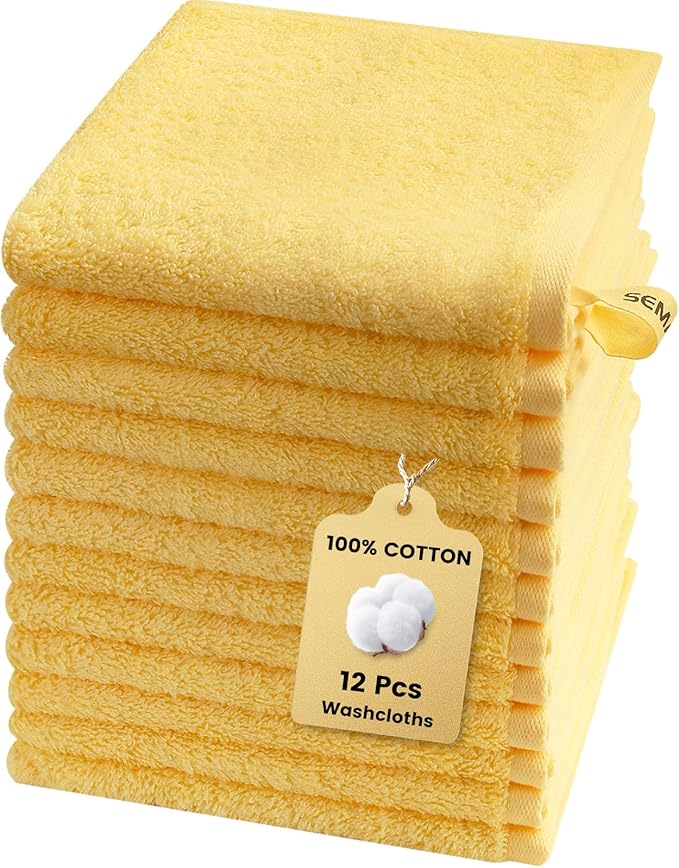 SEMAXE 100% Cotton Washcloths 12-Pack, 13 × 13 Inch Soft Yellow Face Towels –