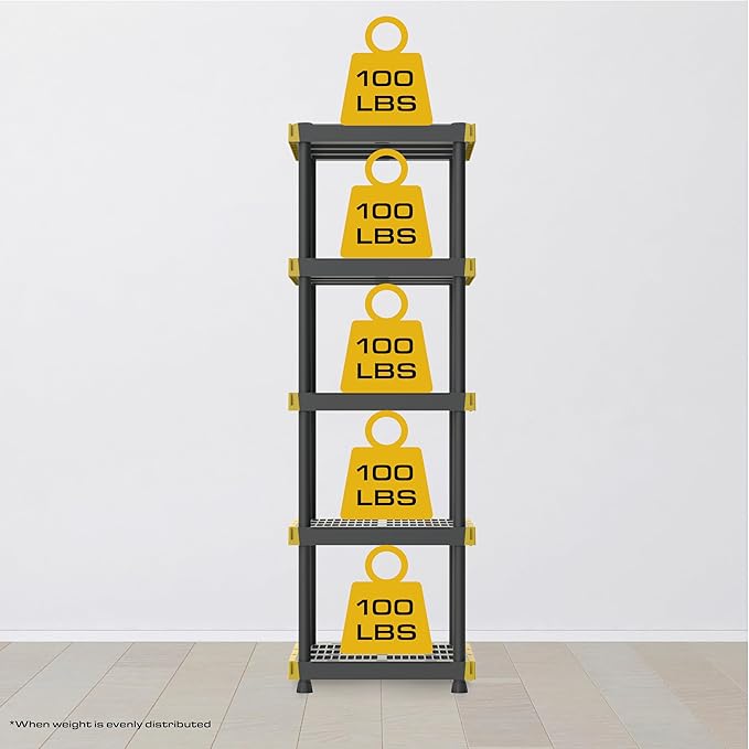 BLACK & YELLOW 5-Tier Heavy Duty Plastic Storage Shelving Unit, 5 Shelves Support up to 100lb/shelf, Organization and Storage, Weather-Resistant Design, Easy Assembly, American Made (72H x 24W x 20D)