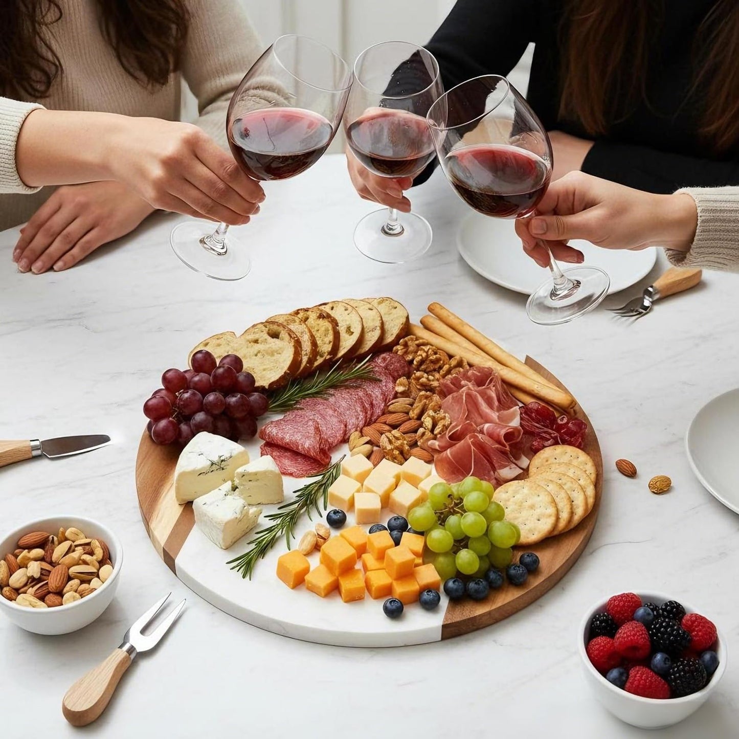 Okllen 12" Marble Cheese Board and Acacia Wood Serving Board, Handcrafted Round Marble Tray Cutting Board for Cheese, Charcuterie, Meat, Fruit