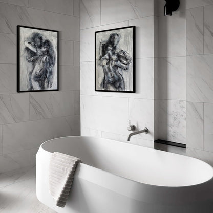 2Pcs Framed Black and White Bathroom Canvas Wall Art Abstract Nude Prints Couple Modern Gallery Style Painting Pen sketch Posters Decorations Bedroom Living Room Bathroom 12x16 Inch Ready to Hang