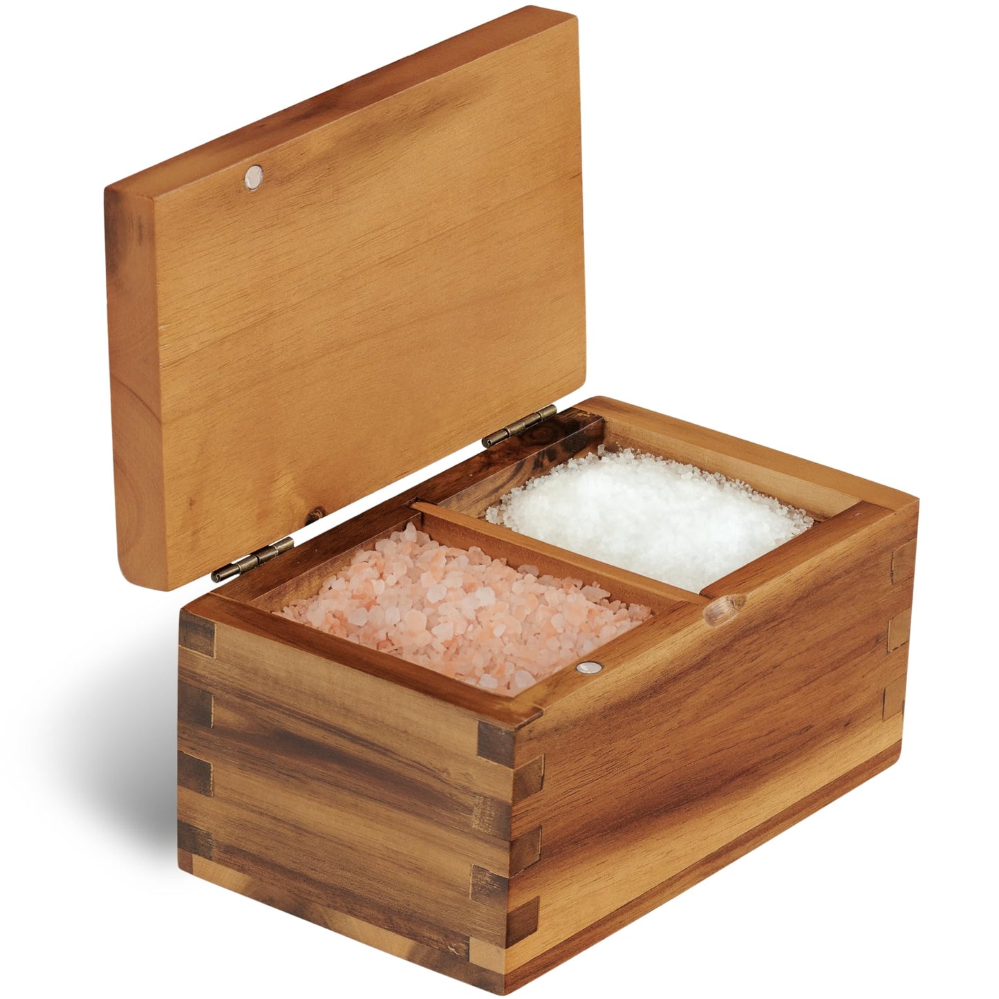 Demigo Acacia Wood Salt Cellar with Magnetic Flip Lid - 20 oz Large Capacity Salt Box for Kitchen - Keeps Spices, Herbs & Seasonings Fresh (Natural Brown)