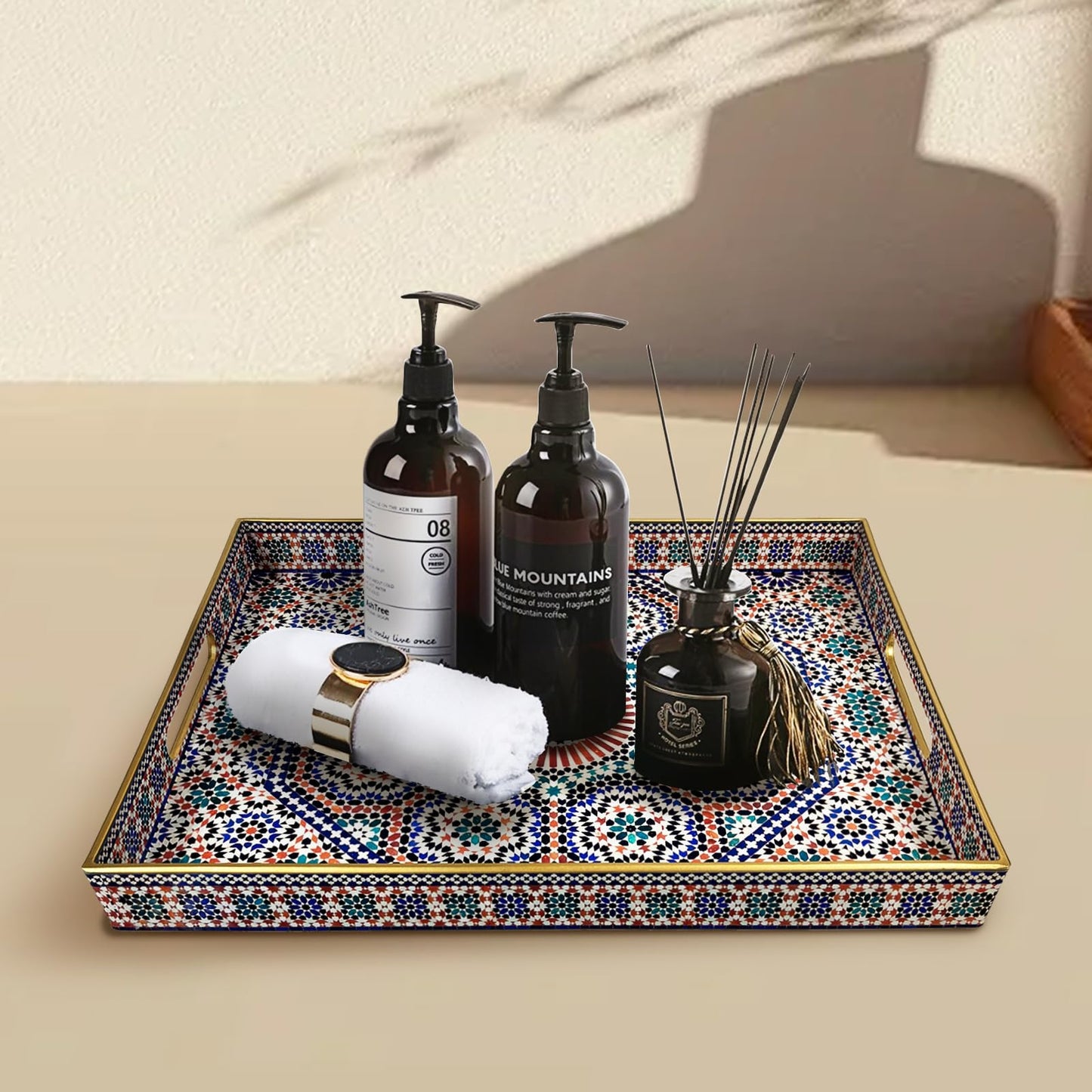 Plastic Coffee Trays,Serving Tray,Bohemian Blue Tray,15.7" L x 11.8" W x 1.57" H,Lightweight and Non-Slip with Handles,Perfect for Restaurants,Cafés,and Home Use(Rectangle Bohemian Blue)