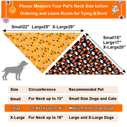 SZEE Halloween Dog Bandanas - 2 Pack Festive Pet Accessories with Skulls & Ghosts, Halloween Costumes for Dogs for Hauntingly Cute Looks This October (Large, Black & Orange)