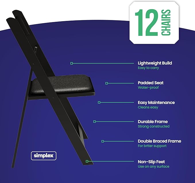 SIMPLEX 12 Black Resin Stackable Folding Chair - Comfortable Black Foldable Chair - Folding Chairs with Padded Seats - Indoor/Outdoor Folding Chairs for Events - Lightweight Foldable Chairs (12 Pack)