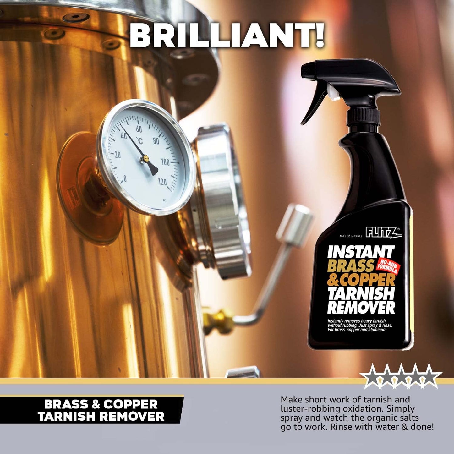 Flitz Instant Brass Cleaner & Copper Cleaner Spray – 16 oz, Heavy-Duty Tarnish Remover for Rust, Oxidation, Water Stains & Corrosion – Fast-Acting, No Scrubbing Formula