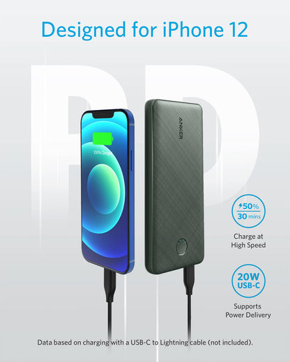 Anker Portable Charger, USB-C Portable Charger 10K with 20W Power Delivery, Power Bank (PowerCore Slim 10K PD) for iPhone 14/13/12 Series, S10, Pixel 4, and More
