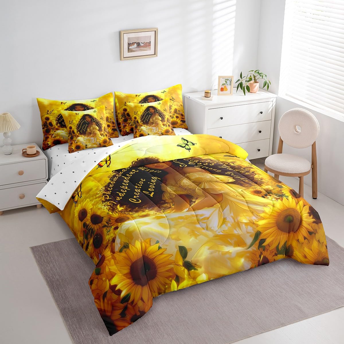 Castle Fairy Girl Sunflower Bed in a Bag Comforter Set,American Inspirational Quotes Twin Size 7 Pieces for Kids Teens,Golden Flowers Bedding Set with Comforter, Sheet Set, Pillowcases, Pillow Covers
