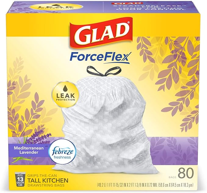 Glad ForceFlex Tall Kitchen Trash Bags, 13 Gallon, Gain Lavender