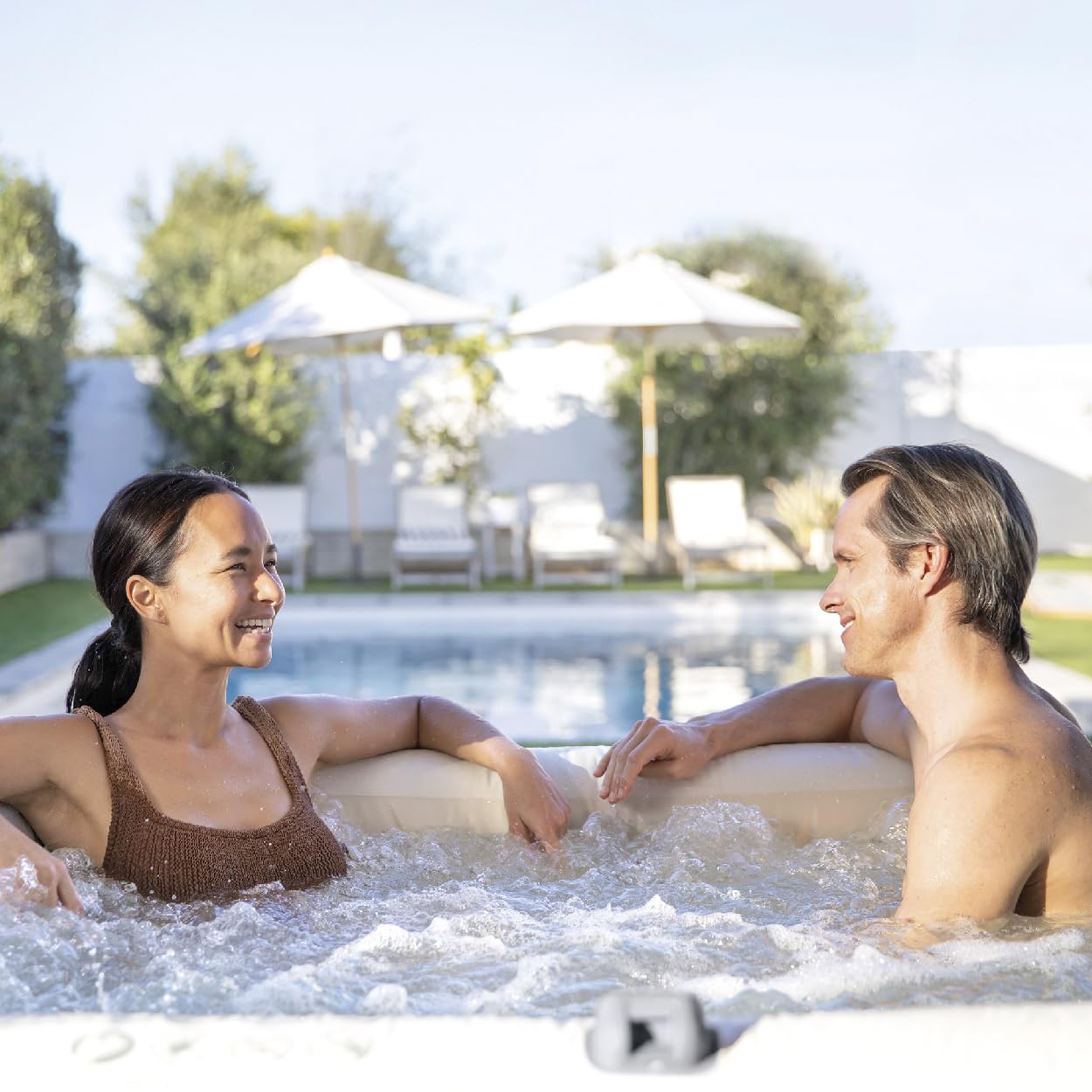 INTEX 28445EH 4 Person PureSpa Chevron Deluxe Outdoor Inflatable Portable Hot Tub, Includes Energy Efficient Spa Cover, Spa Control App, Saltwater System Ready, 69" x 69" x 28"