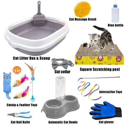 Kitten Starter Kit - 15 Piece Cat Essentials Set Includes Litter Box, Toys, Collars, Scratch Pad, Nail File, Automatic Feed Bowls, Grooming Gloves (Gray)