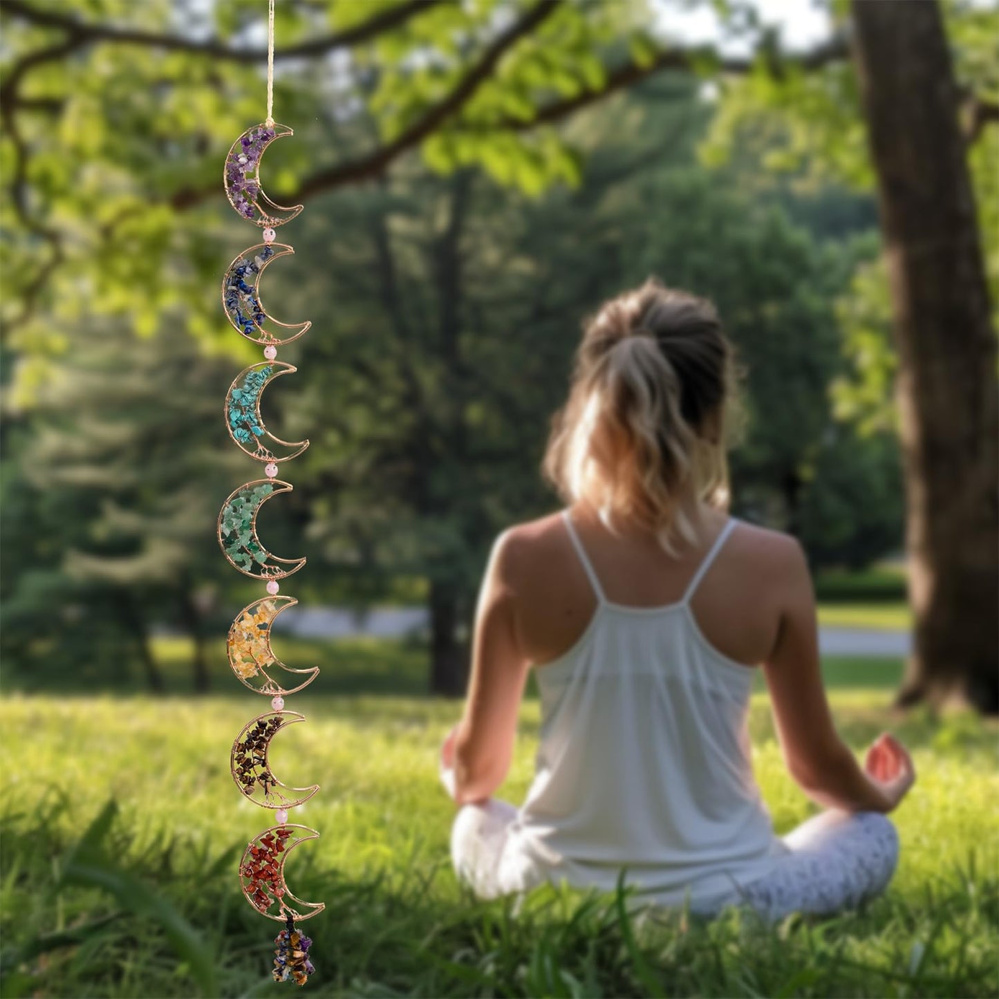 7 Chakra Healing Crystals Hanging Ornament，Handmade Tree of Life Chakra Stones Moon Natrual Gemstones Wall Hanging Ornaments for Home Decor Yoga Meditation(7 Moon Crystal Tree)