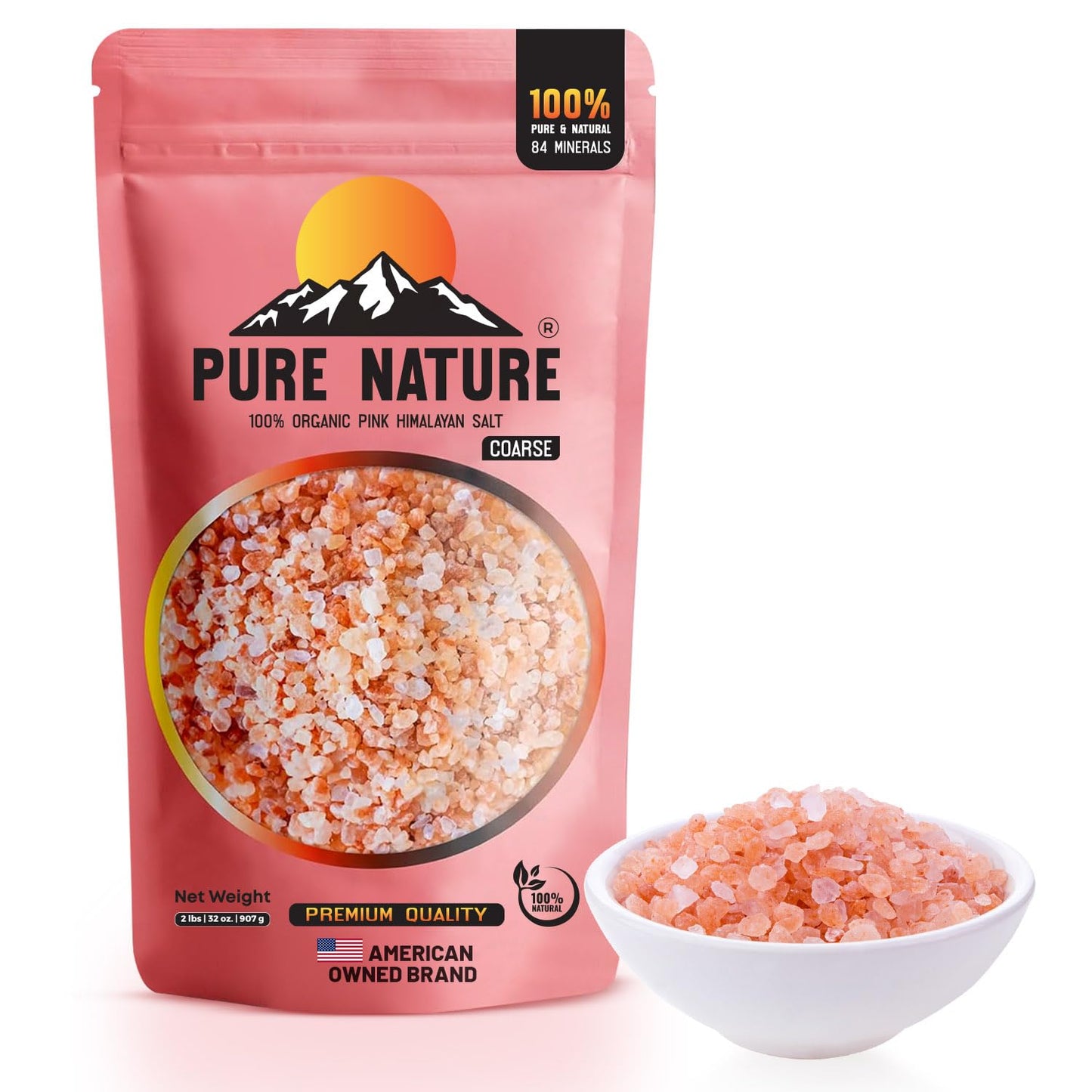 PURE NATURE Himalayan Pink Salt Coarse Grain 2 lb Natural Pink Himalayan Rock Salt for Grinder, Cooking, and Seasoning, Coarse Pink Salt Crystals from Pakistan, Non-GMO