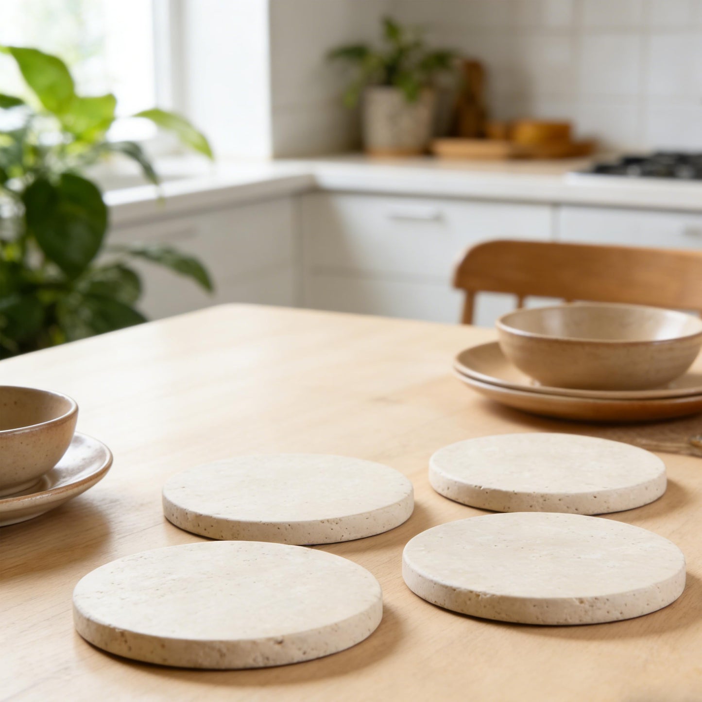 Travertine Stone Coasters, Set of 4, 4-Inch Round Protect Table Surfaces from Stains & Heat - Ideal Housewarming or Wedding Gift - Long-Lasting, Absorbent, and Modern for All Drinkware