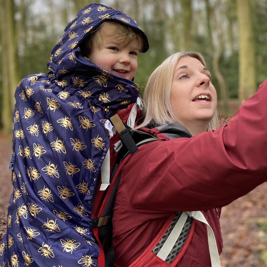 BundleBean - Babywearing All-Weather Waterproof Sling and Baby Carrier Cover (Gold Bees) - Rain Cover with Fleece Lining, Universal Fit, Fits Front & Back Carriers, Protection from Rain & Wind
