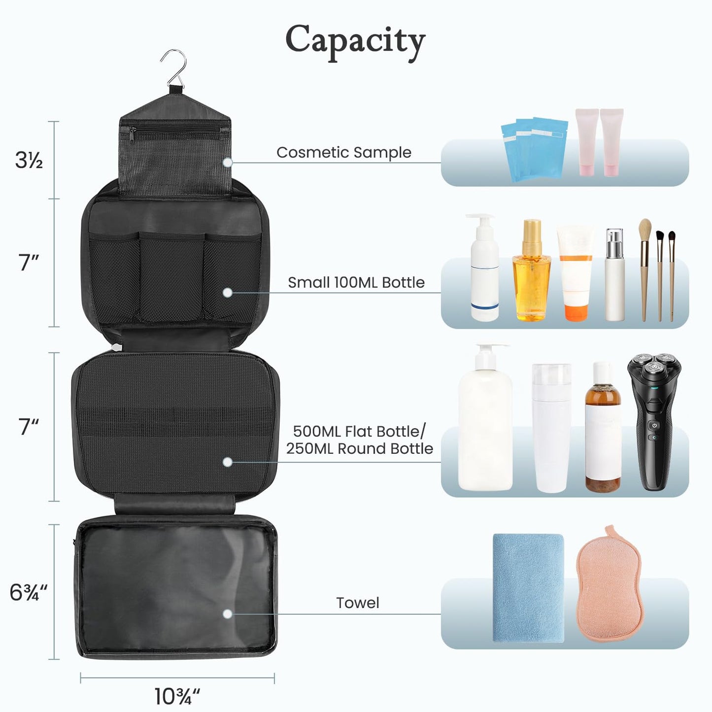 Maliton Hanging Toiletry Bag, Waterproof Large Mens Wash Bag, Foldable Travel Toiletry Bag with 4 Compartments, Travel Essentials for Business Trip, Vacation and for Overnight & Shower（Black）