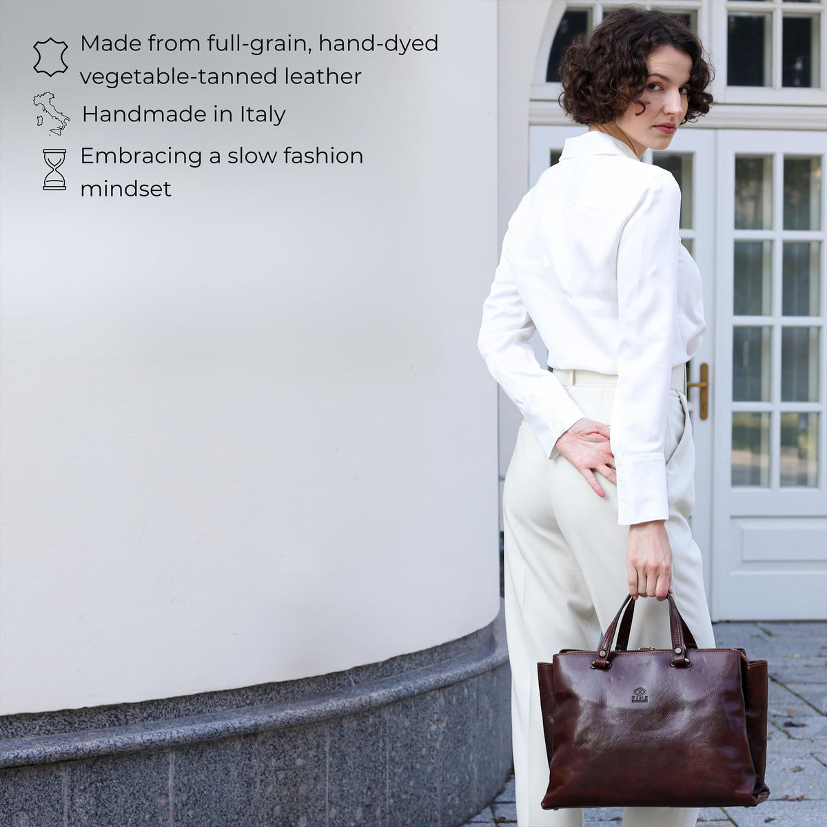 Time Resistance Leather Handbag for Women - Italian Handmade Top Handle Bag - Purse (Brown)