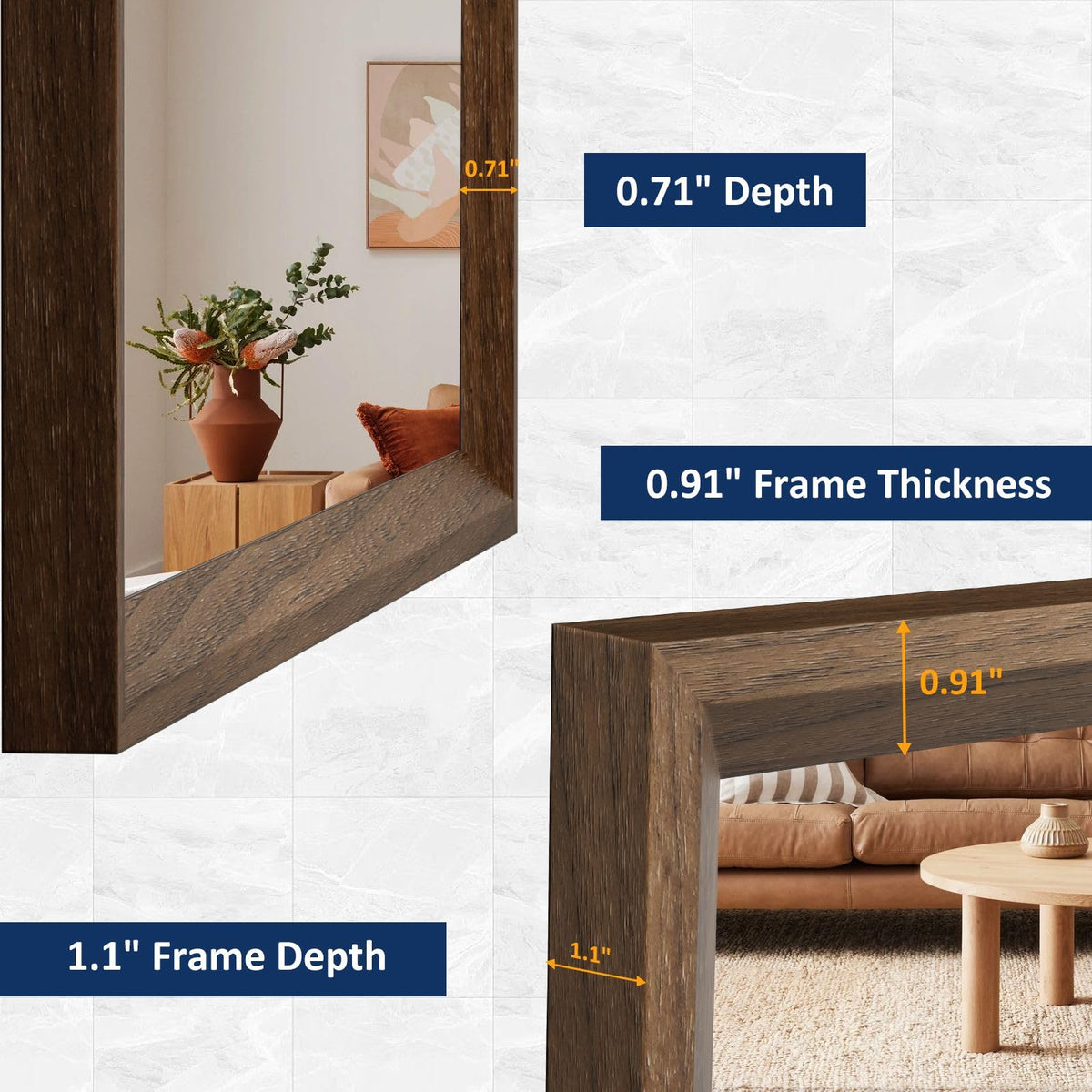 WEER Walnut Framed Mirror for Bathroom, 36x30 Inch Wall Mounted Mirror, Wood Grain Framed Vanity Mirror, Farmhouse Bathroom Mirror, Tempered Glass, Vertically or Horizontally, Anti-Rust