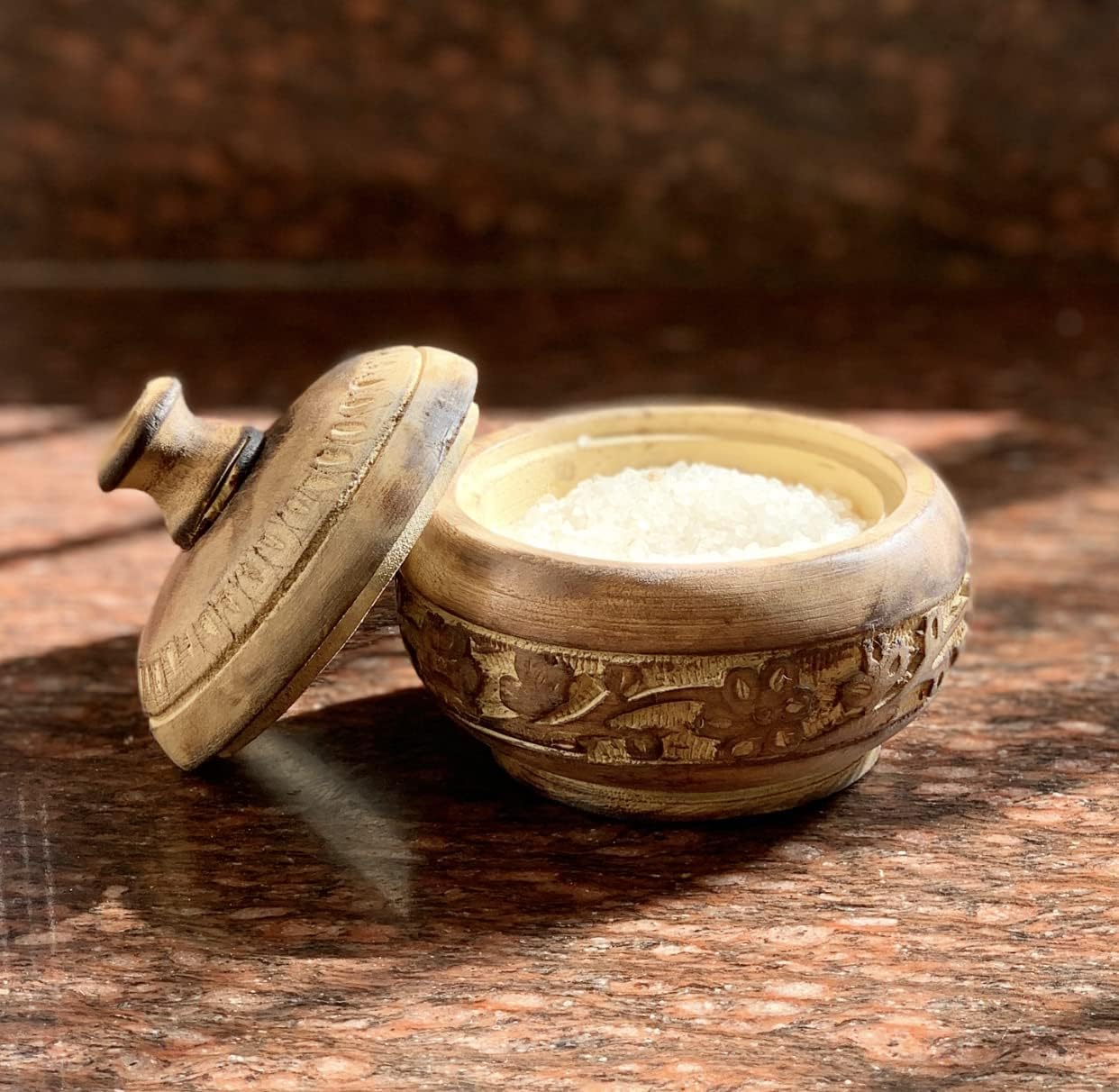 Decorative Rustic Wooden Sugar Bowl With Lid Wide Mouth Candy Treat Jar Spice Jar Holder Condiment Nuts Serving Bowl Pot Salt Spice Herb Loose Leaf Tea Storage Container Novelty Home & Kitchen