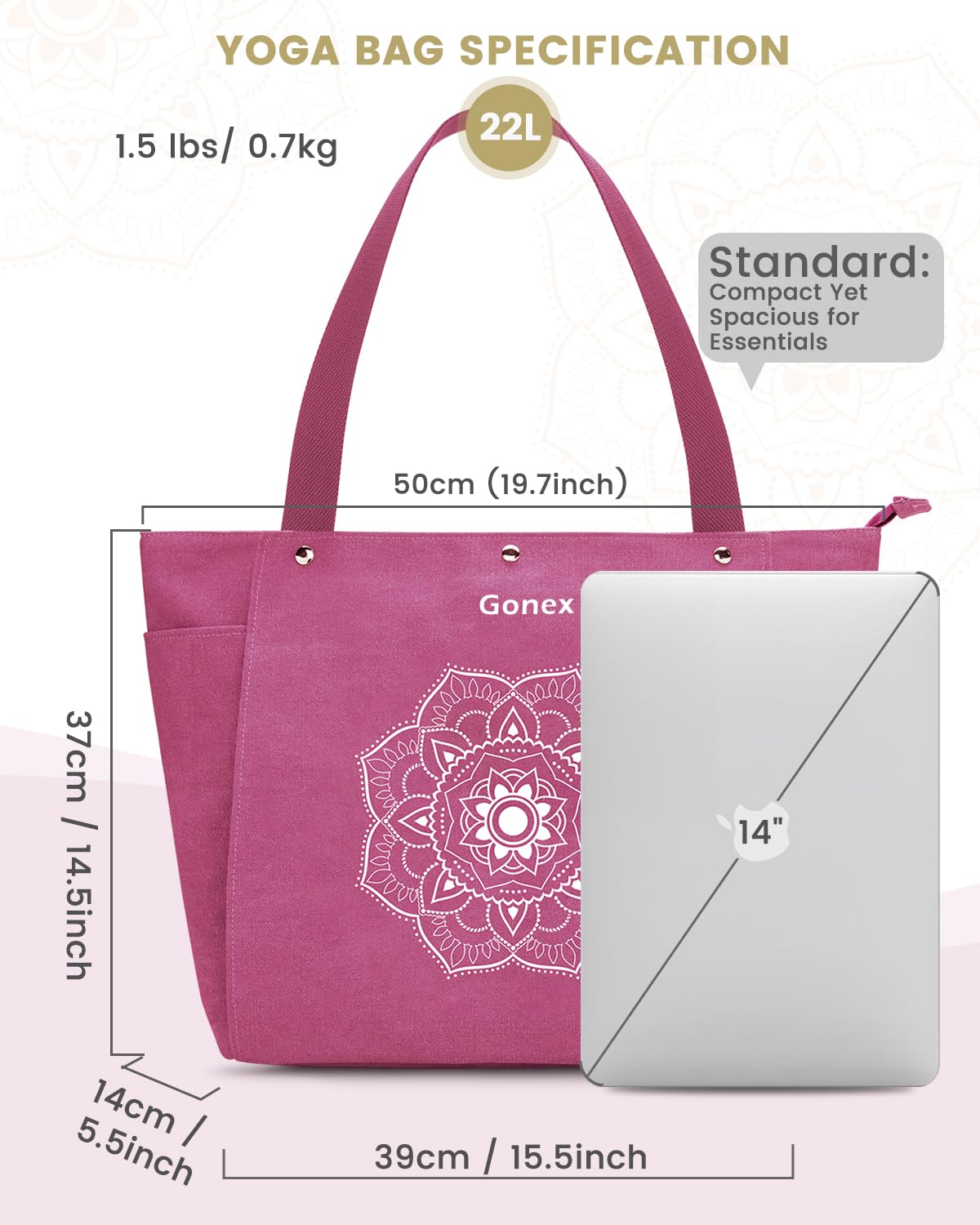Gonex Yoga Mat Bag, Yoga Gym Bag Tote Bag with Multi Pockets For Women Men, Canvas Yoga Mat Carrier Take in Out Mat Easily For Pilates Travel Workout Office, Rose Red