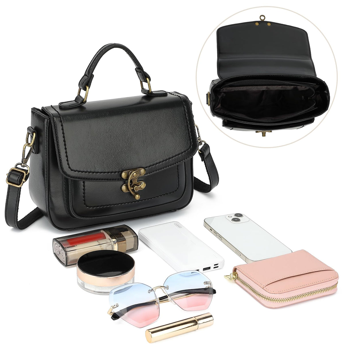Vintage Crossbody Bags for Women Small PU Leather Satchel Purse Retro College Messenger Bag Top Handle Shoulder Handbag