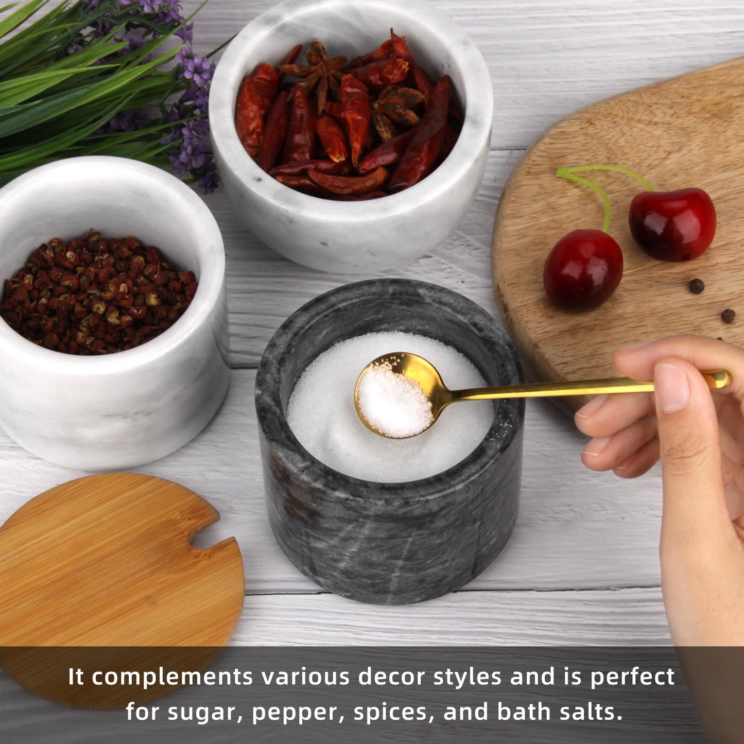 2 Sets Marble Salt Cellar Box with Bamboo Lid & Metal Spoon, Modern Stone Salt or Pepper Sugar Spice Seasoning Bowl Container Jar Holder Well Keeper Dish Pig Crock for Kitchen (White and Dark Grey)