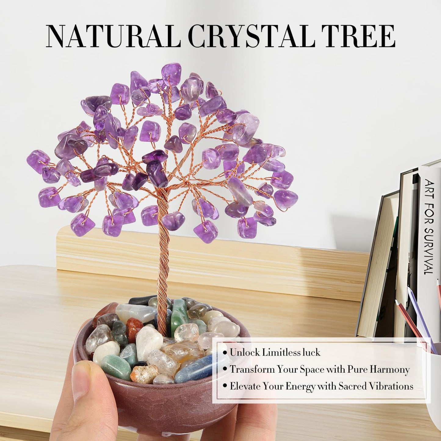 Amethyst Crystal Tree with Ceramic Base,Natural Gemstone Feng Shui Money Tree for Wealth,Good Luck & Positive Energy,Handmade 5 Inch Healing Abundance Bonsai for Home Office Decor