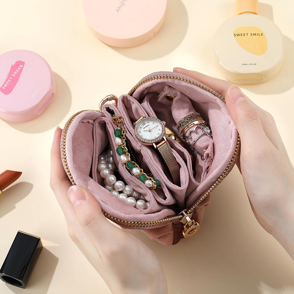Lumayina Velvet Travel Jewelry Pouch, 2-in-1 Clamshell Case with Detachable Insert, Portable Travel Jewelry Organizer with Wrist Strap, Converts to Mini Coin Purse, Gift for Women & Girls (Dusty Pink)