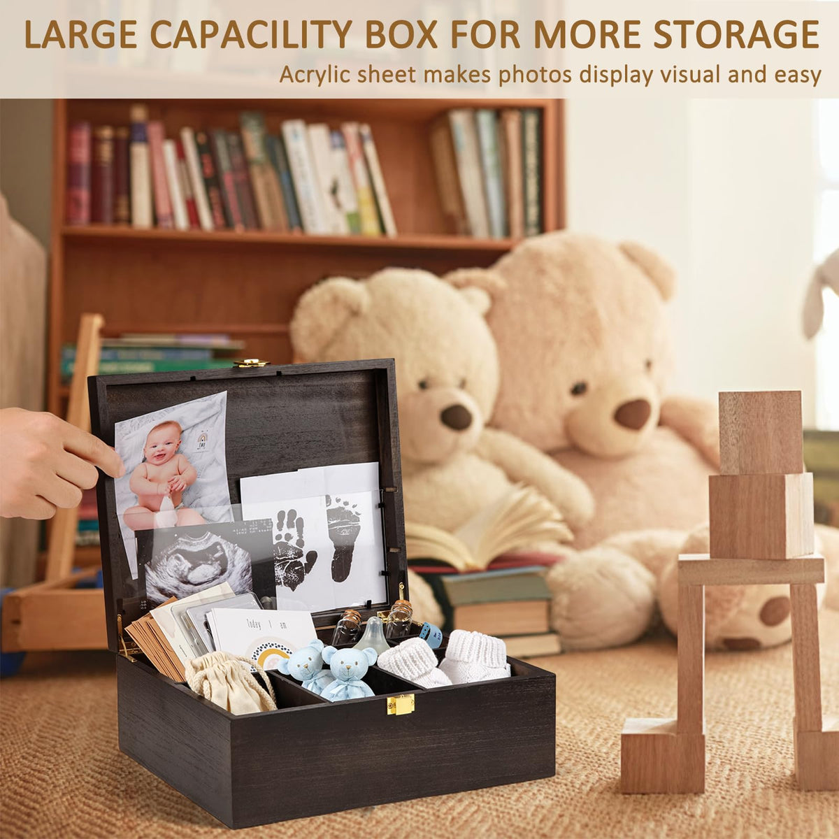 Baby Keepsake Box Wooden with 6 Additional Items - Baby Shower Gifts for Girls Boys New Mom, Newborn Essentials Must Haves Memory Box with Tooth Fairy Tooth Holder, Engraved with Guidelines, Large