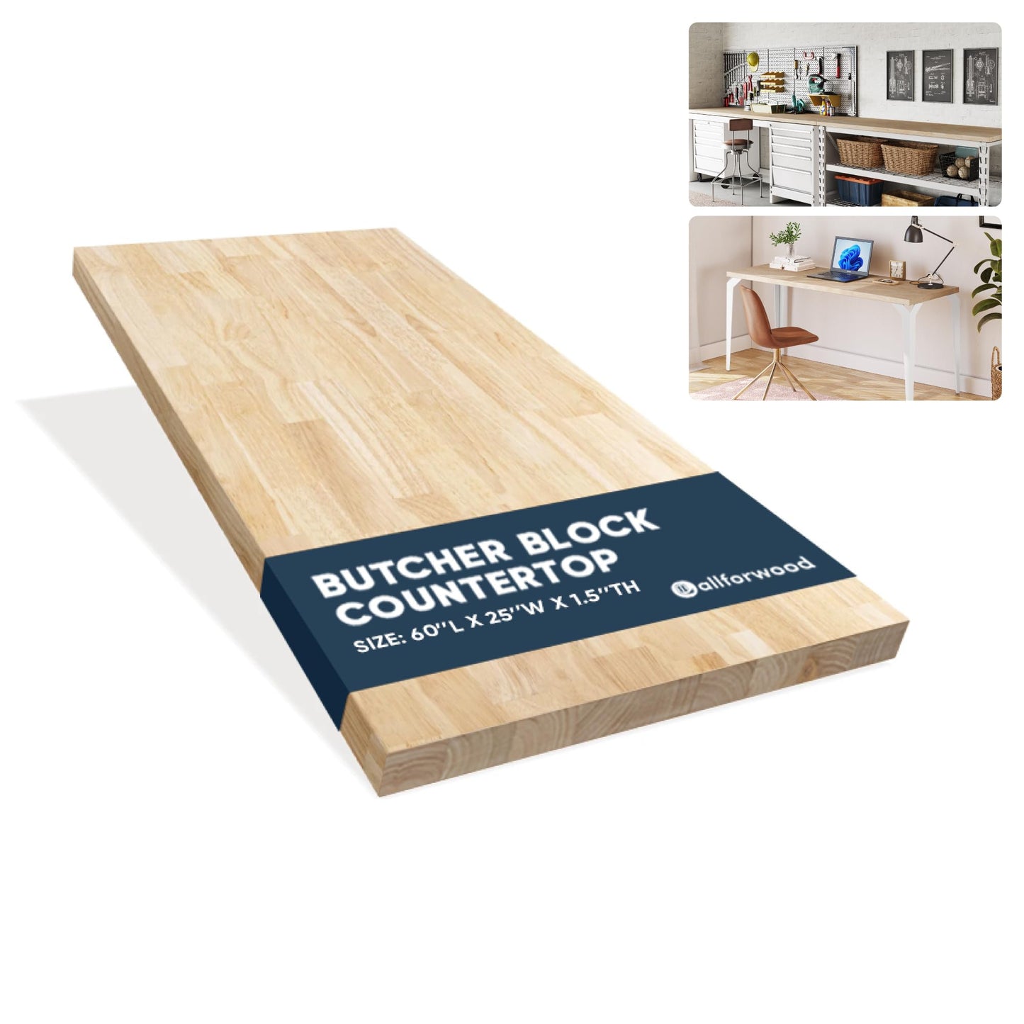 AllForWood Hevea Solid Wood Butcher Block Table Top 60''L x 25''W x 1.5''Thick, Desk top, Unfinished Butcher Block Countertop for DIY Desktop/Kitchen Countertop (Unfinished)