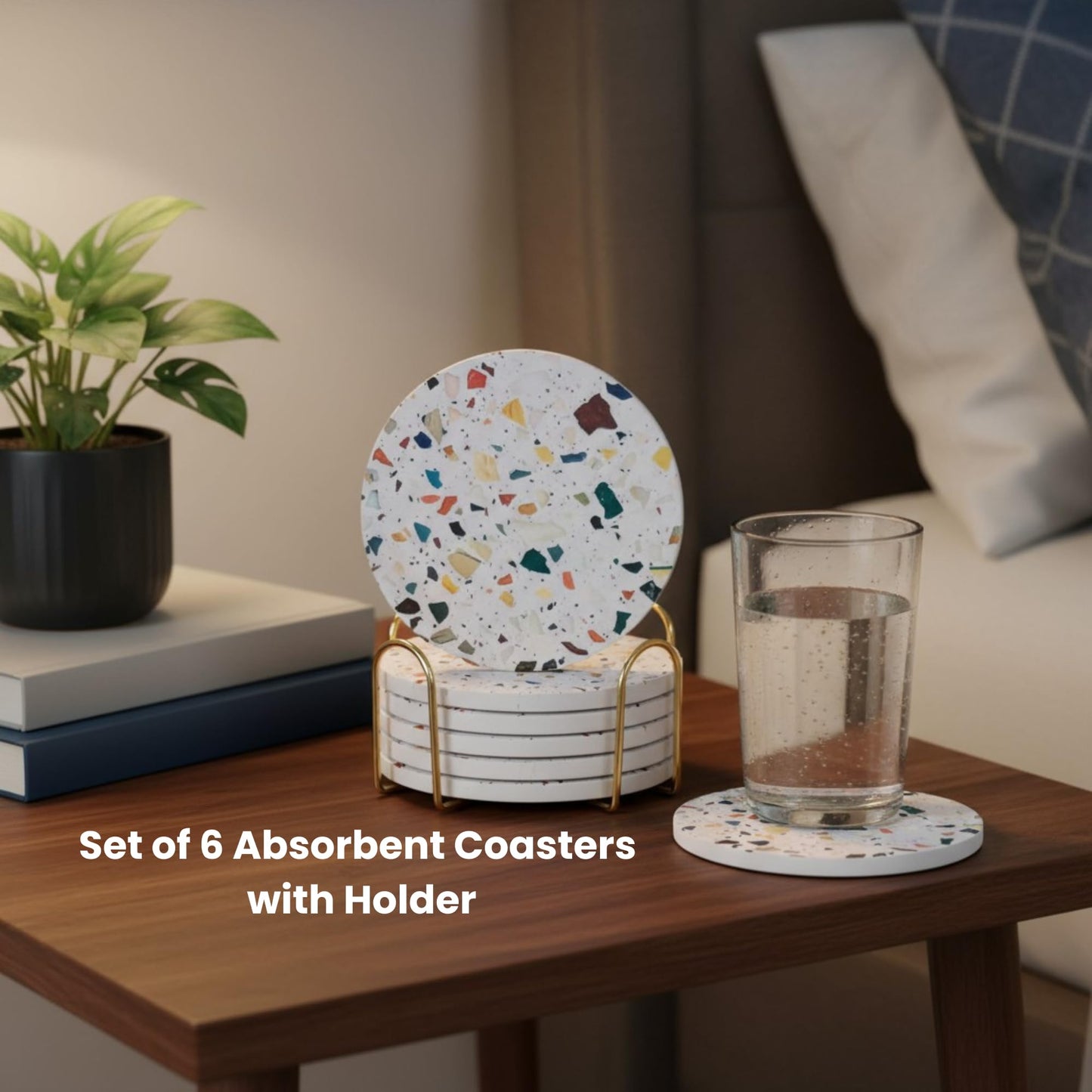 Absorbent Terrazzo Drink Coasters Set of 6 with Holder, Ceramic Drink Coasters for Coffee Table Decor, Water-Absorbing Stone Coasters (Mosaic)