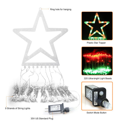 FUNIAO Christmas Decoration Lights - 320 LED Star String Lights Tree Topper with 12" Star for Yard, Garden, Wedding, Party - Red & Green