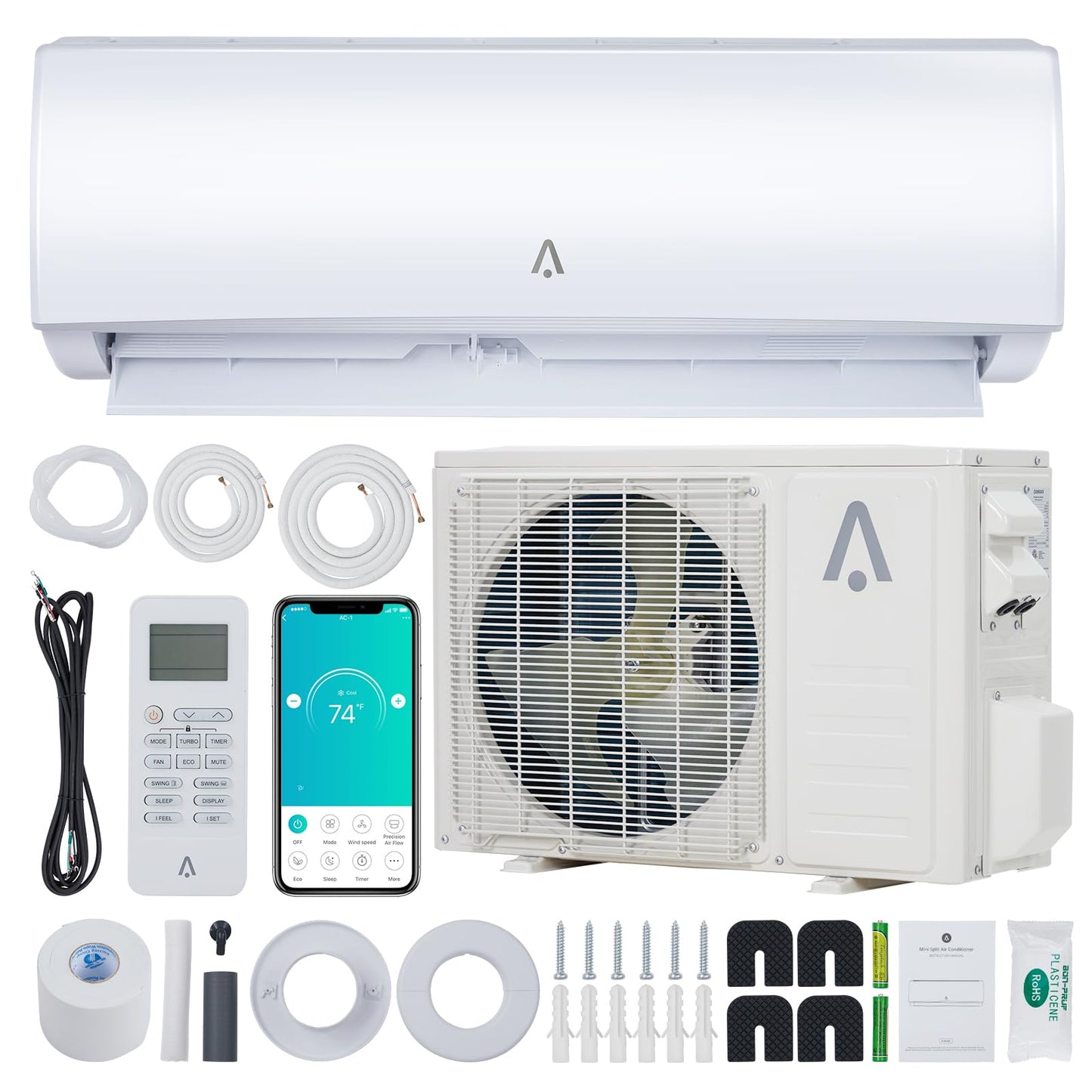 GarveeTech 9,000 Btus Mini Split Air Conditioning/Heating System, 19 Seer2 Inverter Mini Split Ac for Cooling Up to 450 Sq. Ft., Ductless Mini Split Heat Pump Wall Mount (19SEER2 9,000Btus,WIFI -115V)
