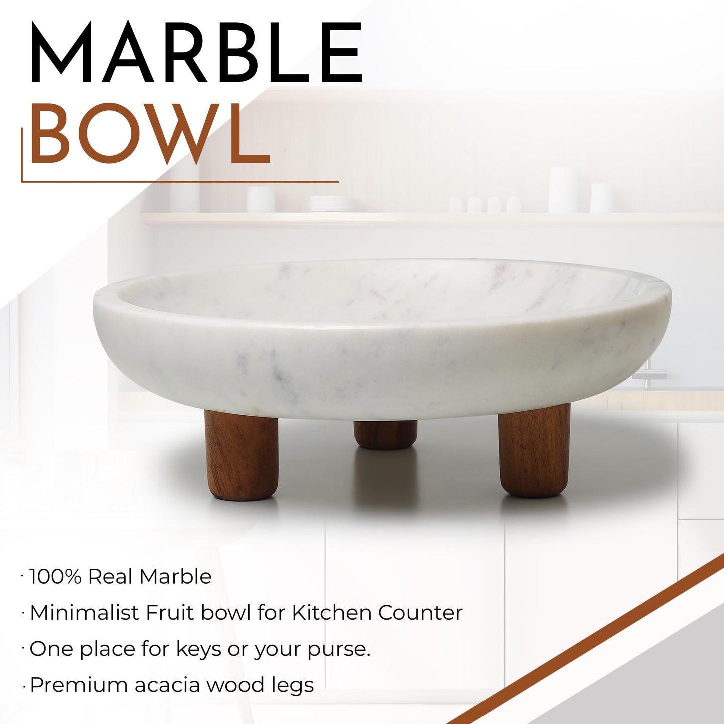 LAVAUK Marble Fruit bowl with three wood legs | 11.8 inch dia footed bowl for kitchen counter | Use as centerpiece for dining table, key bowl for entryway table, or potpurri/decorations (Large)