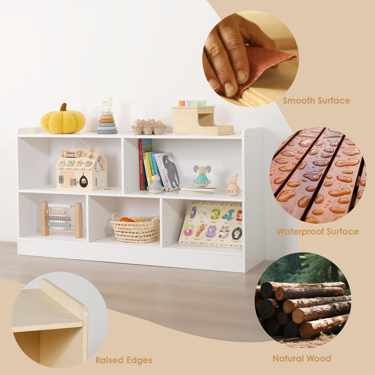Leeshyah 5-Section Wooden Toy Shelf for Kids, Montessori Shelf Storage with Open Shelving & Customizable Layout | Safe, Sturdy Design for Kids Room, Classroom & Playroom White