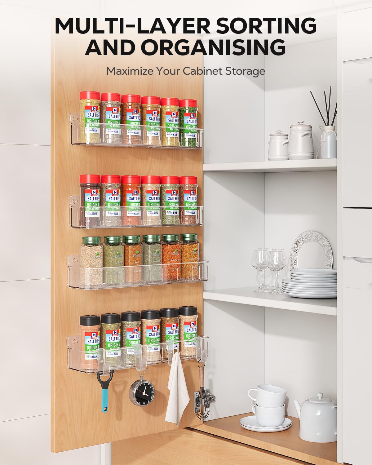 Nieifi Spice Rack Wall Mount, 4 Pack, Clear, 2 Inch Wide, Screw or Adhesive Installation, Spice Rack Organizer for Small Spice Jars, Suitable for Kitchen Cabinet or Pantry Door