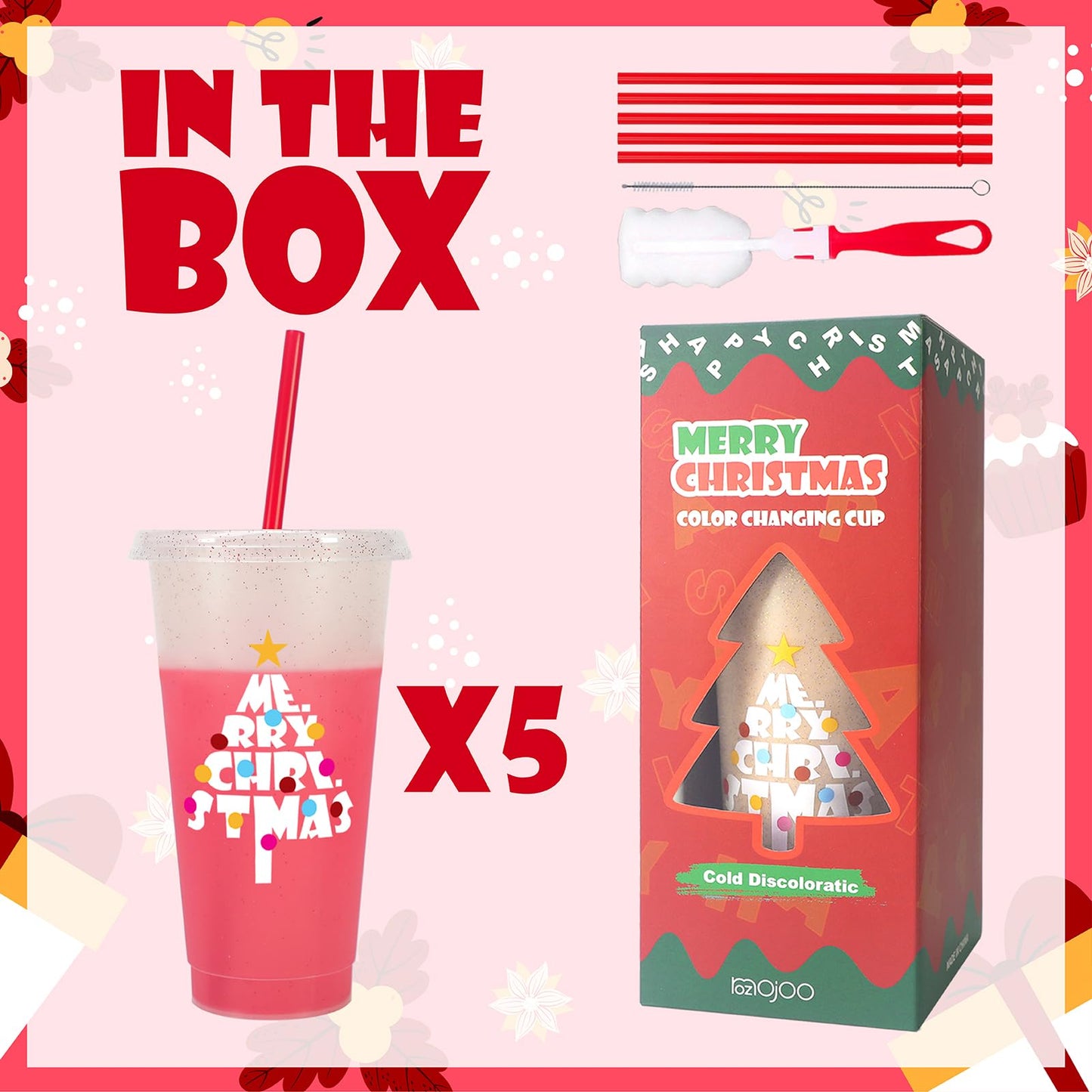 OZMOJOO Christmas Color Changing Cups with Lids and Straws, Reusable Tumblers for Cold Drinks, 5 Pack Holiday Gift Party Cups for Kids, Teens & Adults, 24 oz, Red