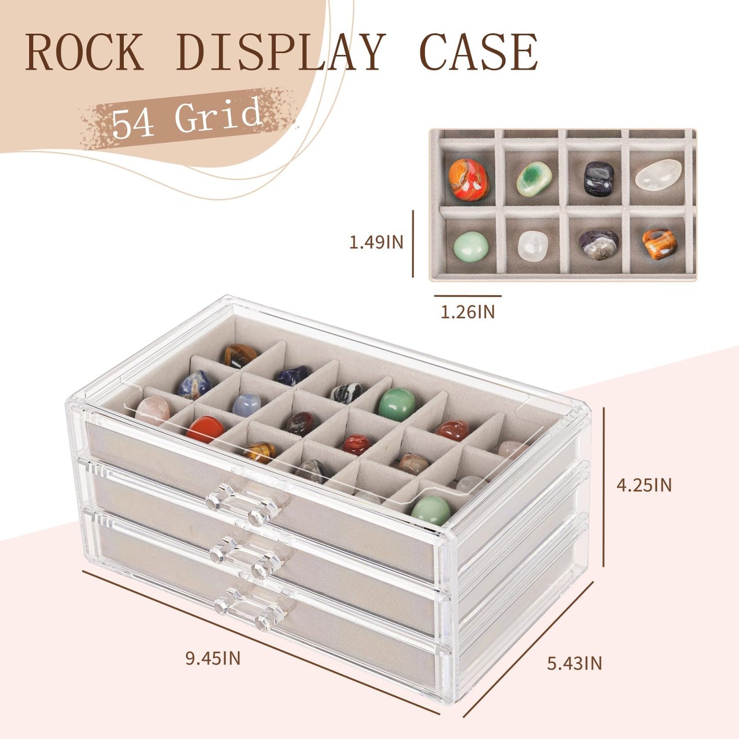 Bfttlity Acrylic Rock Display Case,54 Grids Rock Collection Box for Kids with Mini Magnifying Glass and Gloves, Clear Display Cases for Stones Collectibles Gemstone Crystals Storage Boxes