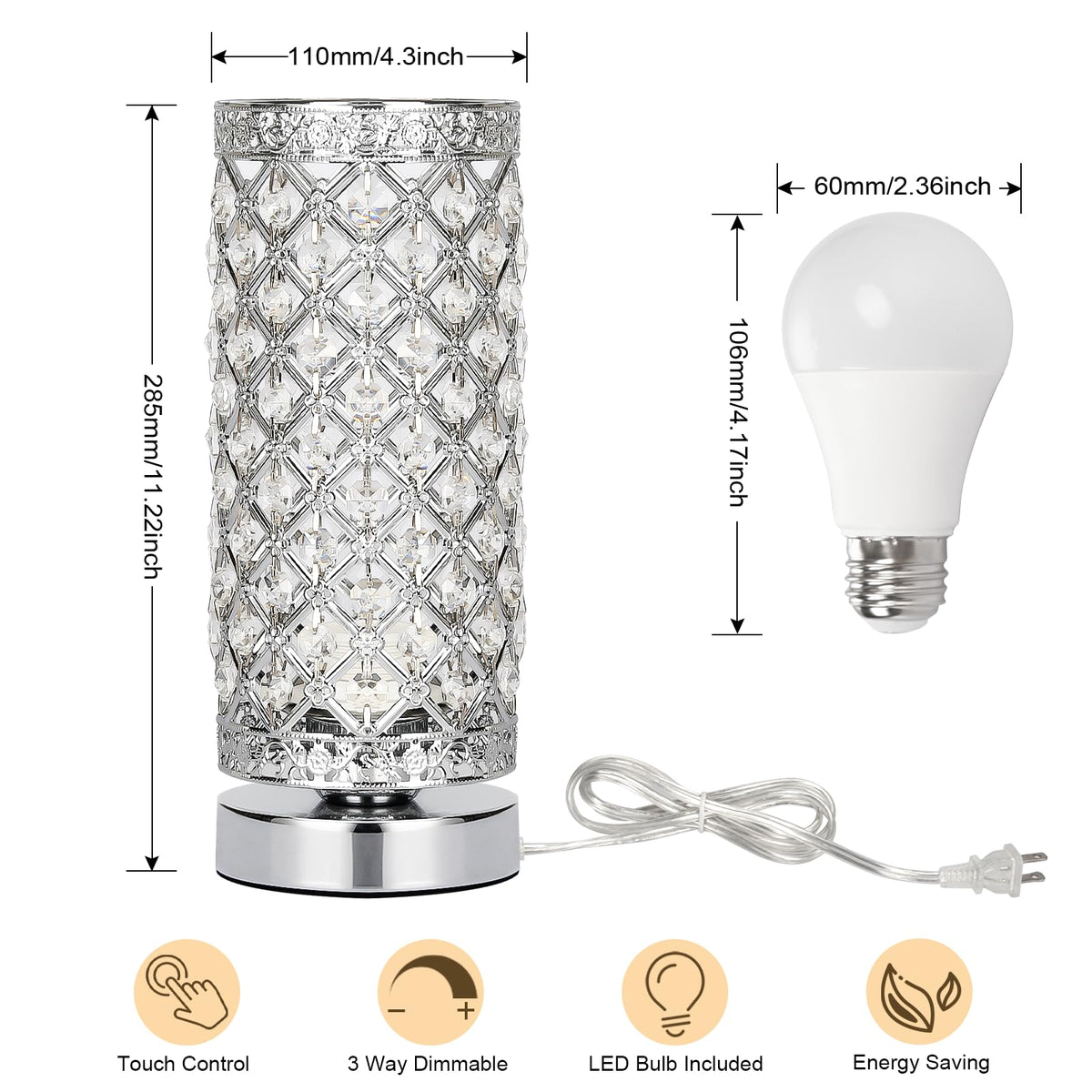 Seaside village Crystal Table Lamp Touch Control Dimmable Accent Desk Lamp Bedside Modern Table Light with Silver Lamp Shade Night Light Fixture for Living Room Bedroom Kitchen
