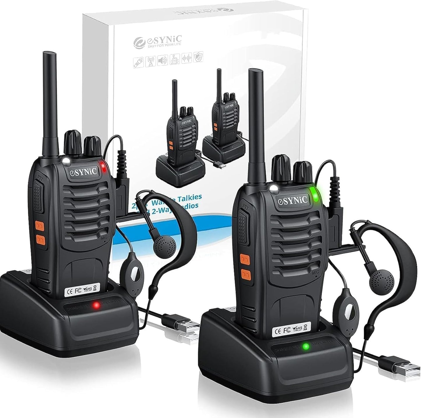 eSynic 2Pack Professional Walkie Talkies for Adults Rechargeable Walkie Talkies Best 16CH Walkie Talkie Hand Free VOX Two Way Radio With Earpieces& LED Lights Wonderful Gifts For Adults Kids etc