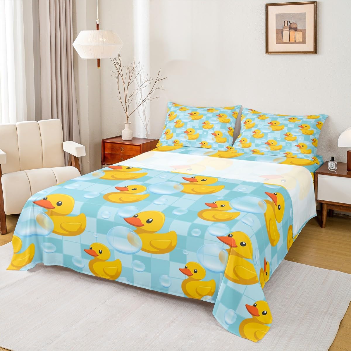 Erosebridal Kids Cute Yellow Duck Bed Sheets Full Size Boys Girls Blue Grid Plaid Flat Fitted Sheet Farmhouse Pet Animal Sheet Set Cartoon Ducks Sheets for Teens