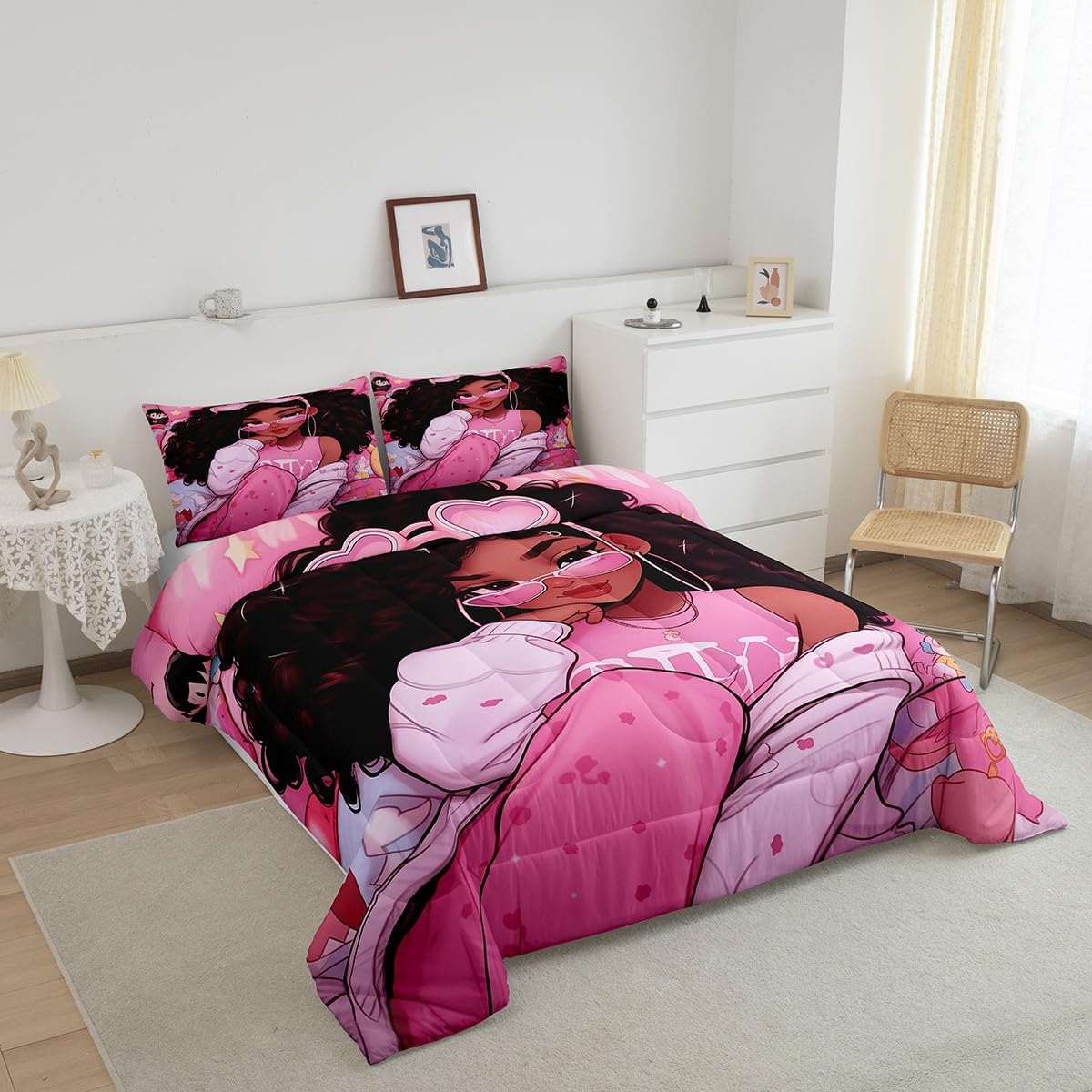 Manfei Amercian Little Girl Kids Comforter Set Full Size,Stars Love Heart Romantic Bedding Set,Girls Women Room Decor,African Theme Girls Down Comforter,Pink Princess Duvet Insert,2 Pillowcases