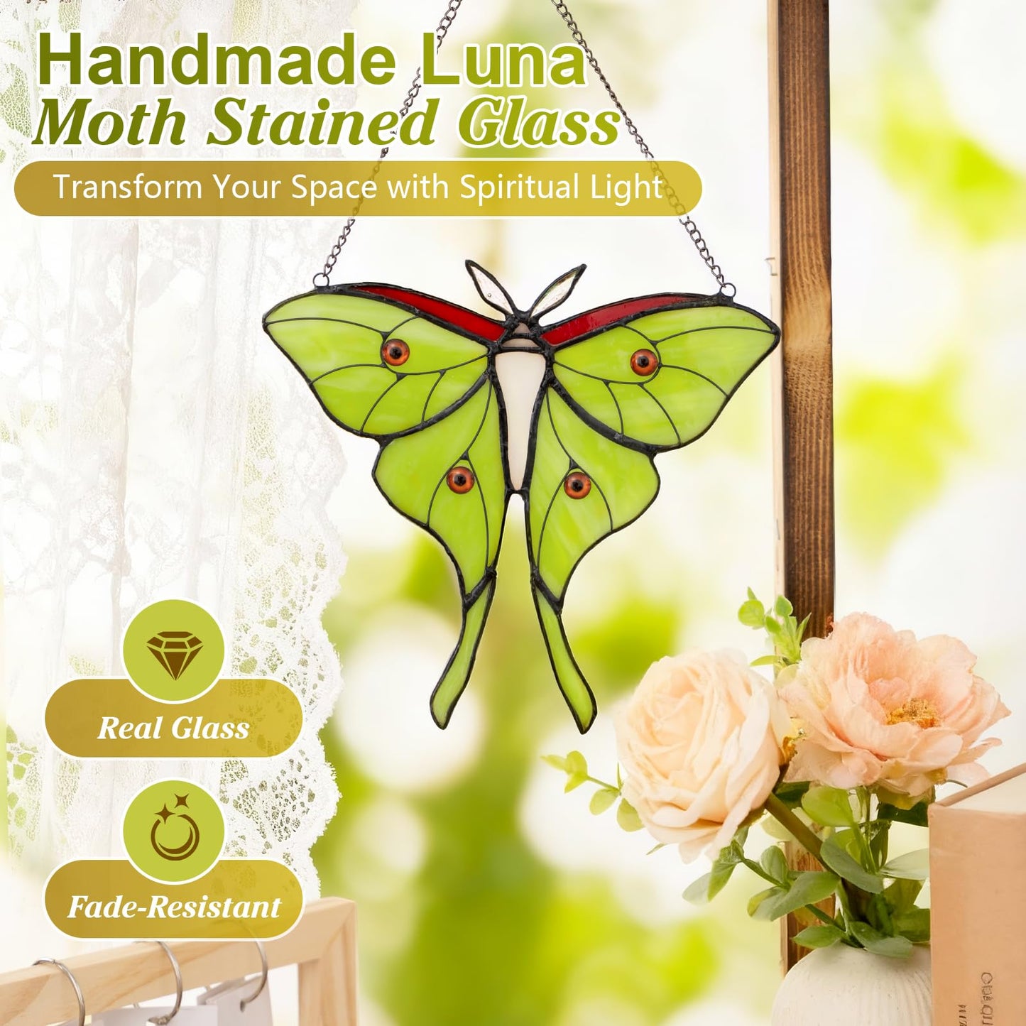 Luna Moth Stained Glass Window Hanging - Handmade Real Glass Suncatcher for Meditation Room, Spiritual Decor, Sun Catcher for Windows, Vibrant Gift for Women & Mom, 7.3 Inch Green Glass Art