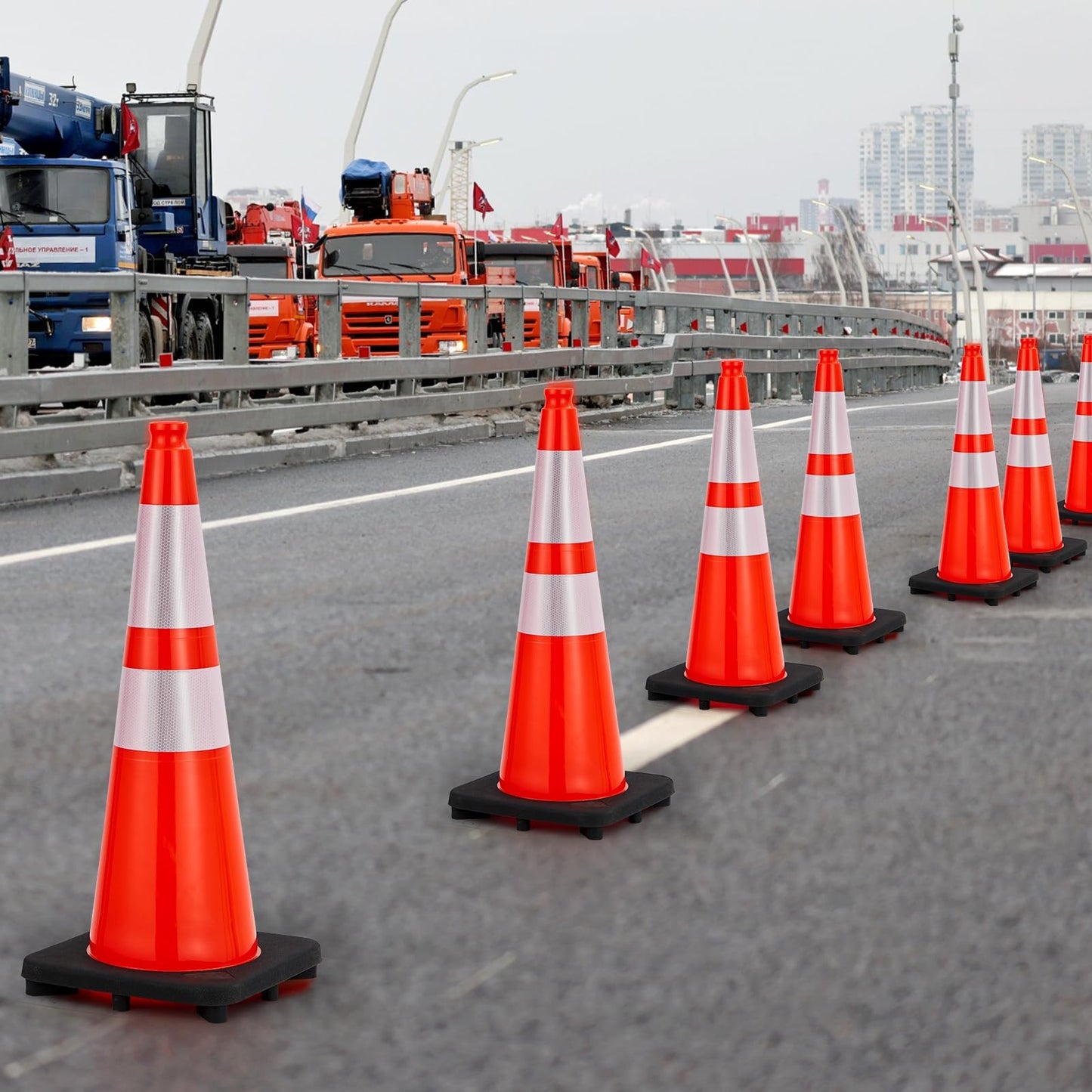 28 Inch Traffic Cones with Black Weighted Base,Orange Rubber Parking Cone w/ 2 Reflective Collar,PVC Traffic Safety Cones for Road Control, Construction Events, Driveways, and Parking Lots