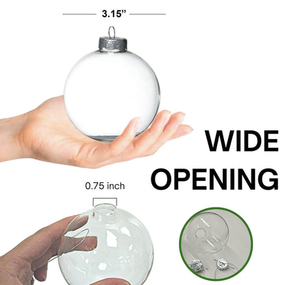 4E's Novelty 12-Pack 3.15 Inch Clear Glass Christmas Ornament Balls - Fillable with Hanging Cord, DIY Glass Ornaments for Xmas Tree
