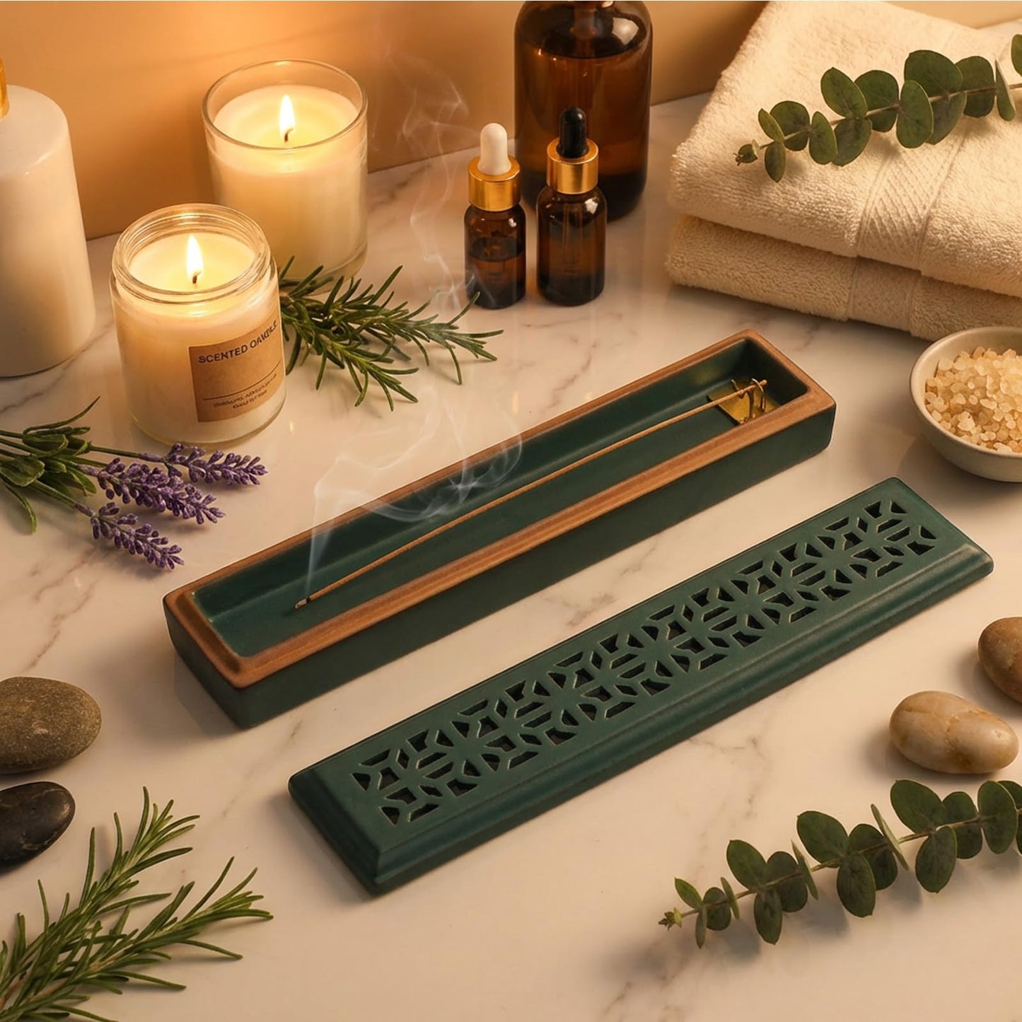 CEREMONY Incense Holder for Sticks, Ceramic Insence-Stick Holder Ash Catcher, Incense Holder Timkburner for Meditation Yoga Spa Room Incense Holder (Lever Green)