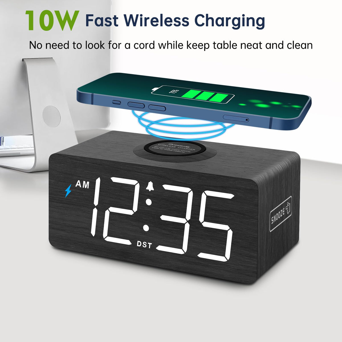 DreamSky Wooden Digital Alarm Clock with Wireless Charging for Bedroom, Bedside Nightstand Clock with Charger Station, USB Port, Large Numbers, Adjustable Volume, Brightness Dimmer, DST