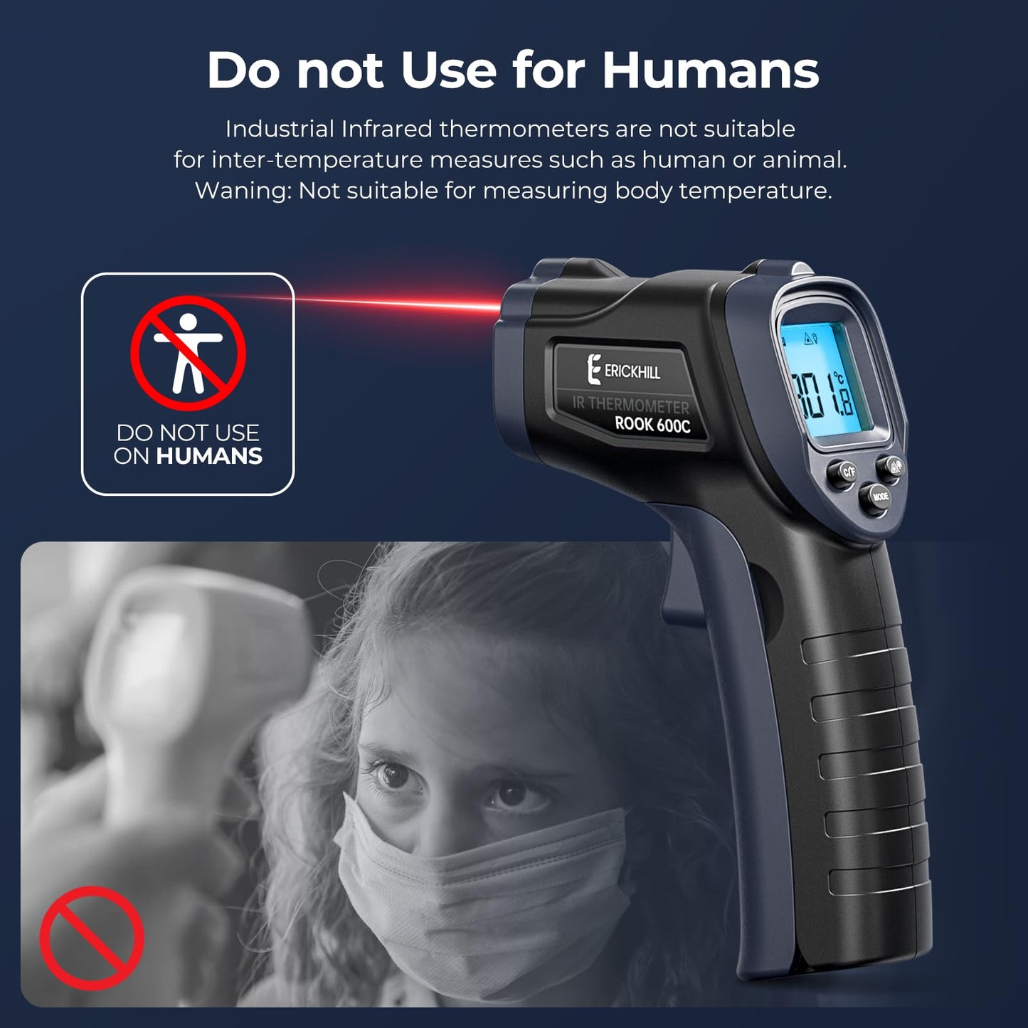 ERICKHILL Infrared Thermometer -50℃~600℃ Compact Size Non-Contact Laser Thermometer Gun LCD Backlit Digital Display Adjustable Emissivity - for Vehicle Repair/Cooking/BBQ/Freezer/Food, Black Blue